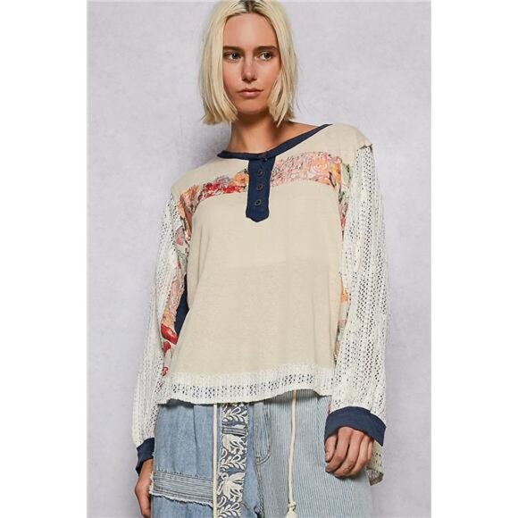 nwt POL Button Detail Floral Patchwork Crochet Sleeve Blouse - Picture 1 of 3